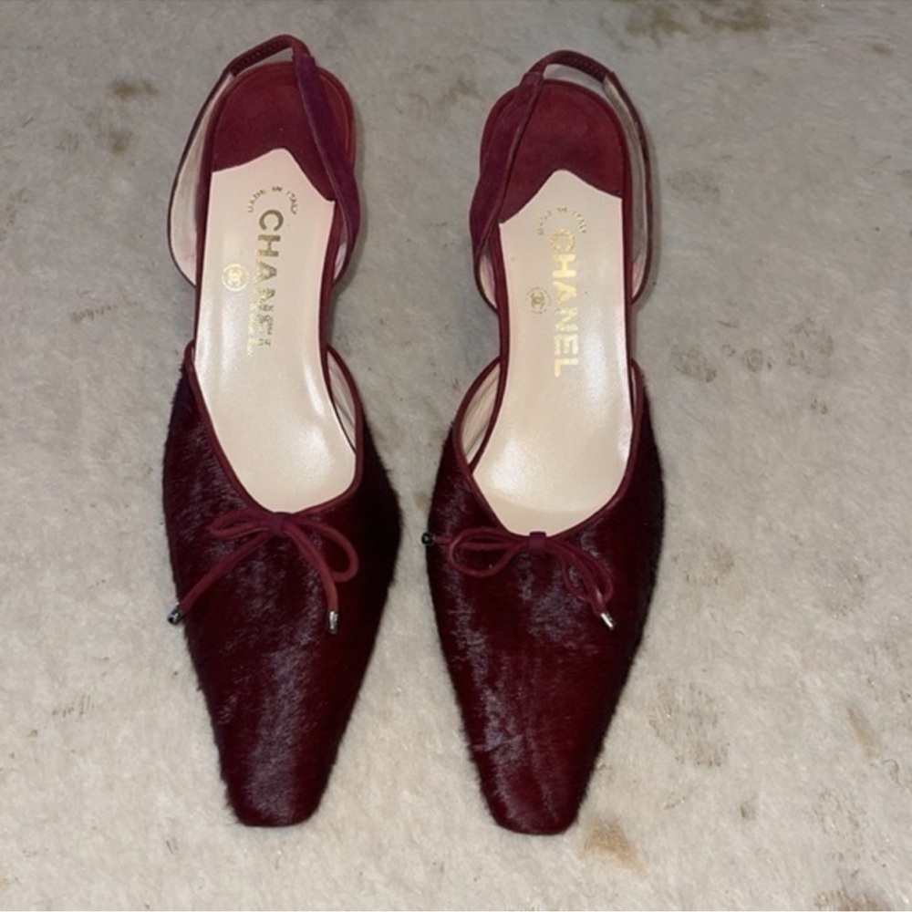 CHANEL Deep Red Slingback Heels with Bow